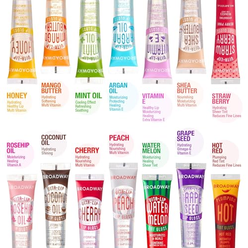 Ruby Kisses Broadway Vita-Lip Clear Lip Gloss (8 Pack), Ultra-Hydrating & Soothing Formula with Vitamins, High-Shine Non-Sticky Finish Lip Balm with Mint, Rosehip, Coconut, Mango, Argan, Honey, Shea