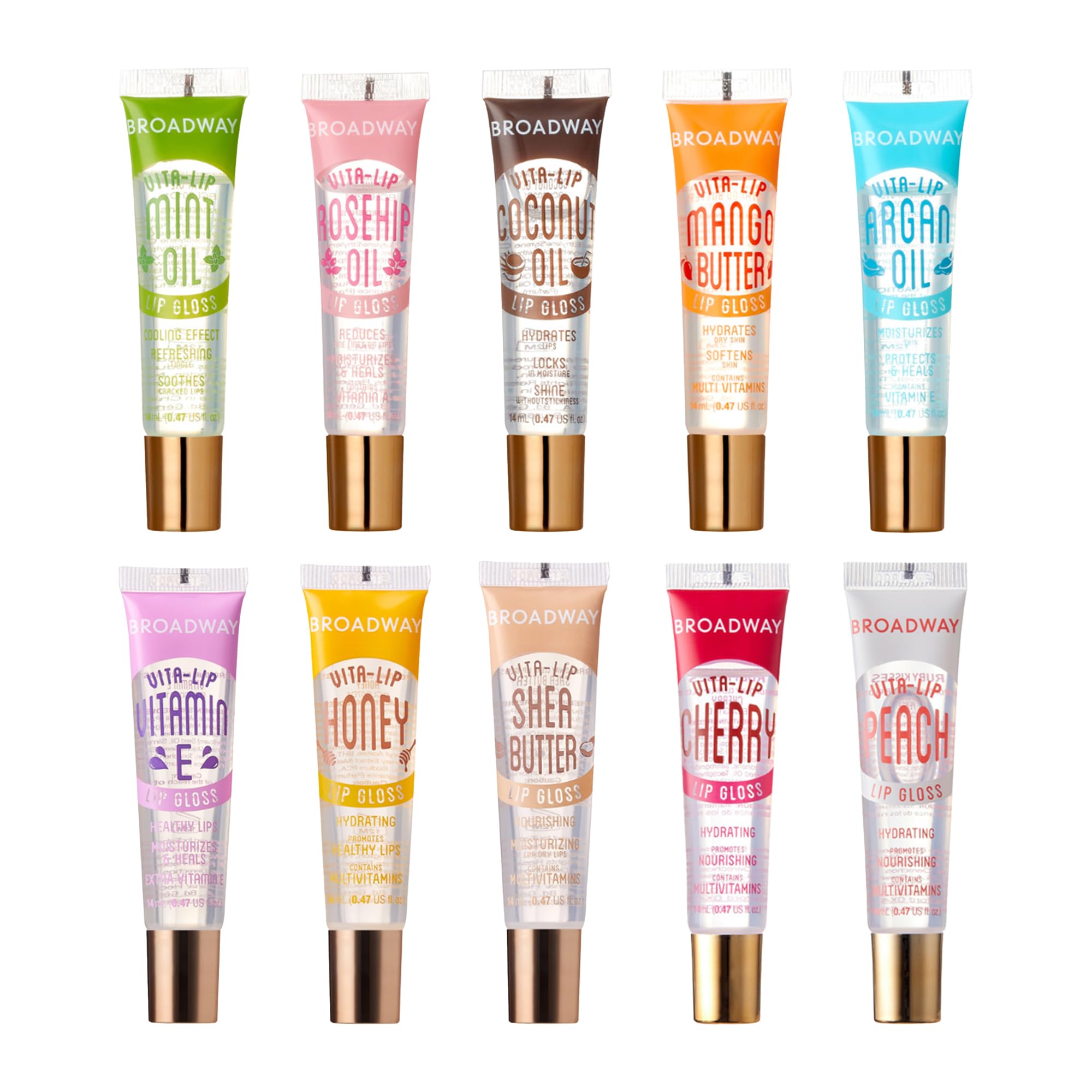 Ruby Kisses Broadway Vita-Lip Clear Lip Gloss (8 Pack), Ultra-Hydrating & Soothing Formula with Vitamins, High-Shine Non-Sticky Finish Lip Balm with Mint, Rosehip, Coconut, Mango, Argan, Honey, Shea