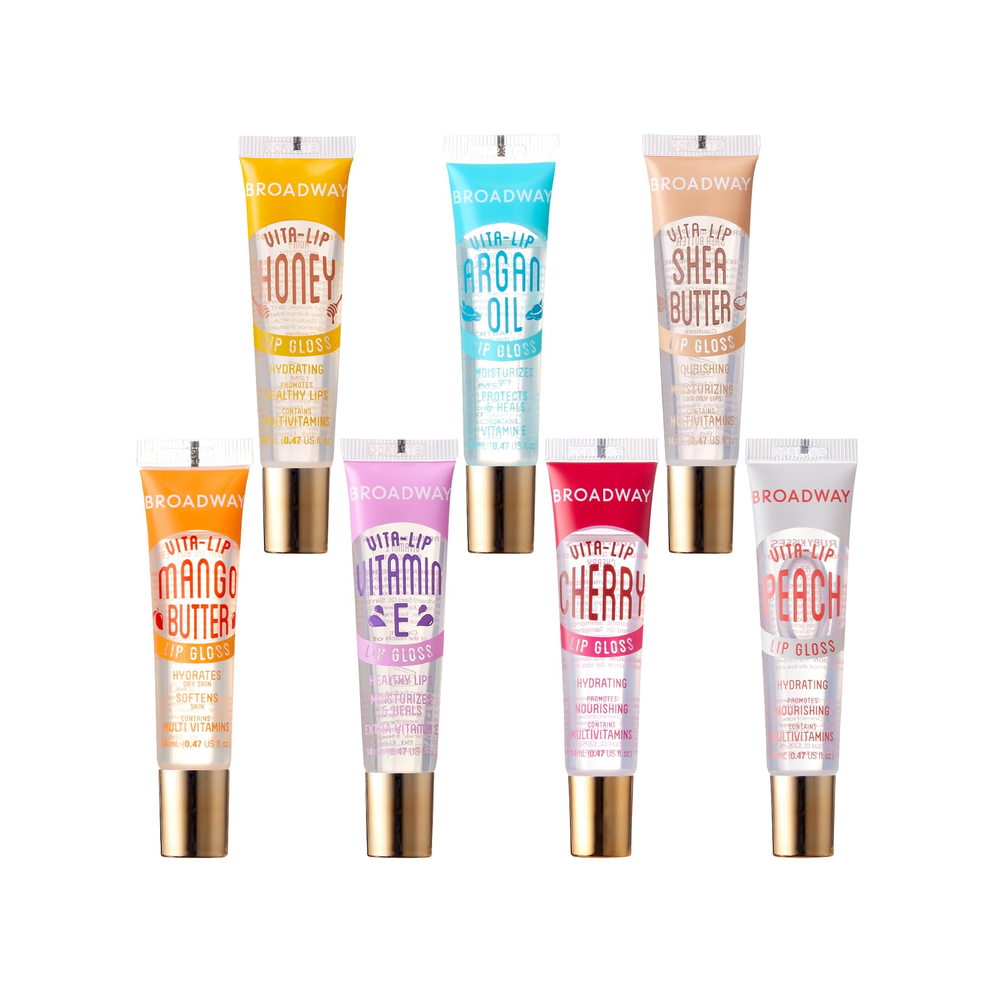 Ruby Kisses Broadway Vita-Lip Clear Lip Gloss (8 Pack), Ultra-Hydrating & Soothing Formula with Vitamins, High-Shine Non-Sticky Finish Lip Balm with Mint, Rosehip, Coconut, Mango, Argan, Honey, Shea
