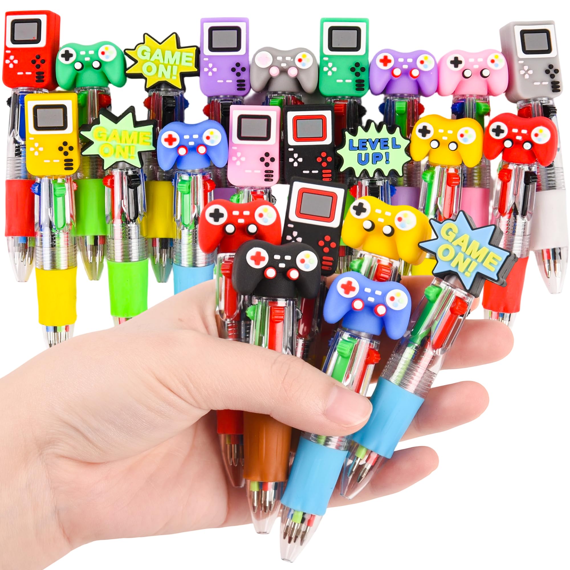 LiYiQ 50 Pcs Video Game Multicolor Pen in One Cartoon Cute Fun 4-in-1 Cute Pens Bulk Kawaii Game Handle Level Up Games Console Shape Cool Ballpoint Pens for Kids Fun Gifts