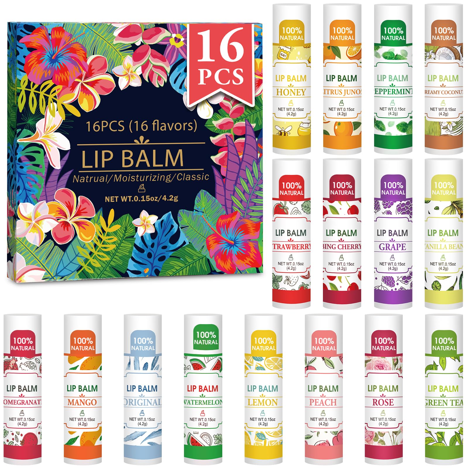 32 Pack Lip Balm, Natural Lip Balm Bulk with Vitamin E and Coconut Oil, Moisturizing Lip Balms for Dry Lips-16 Flavors