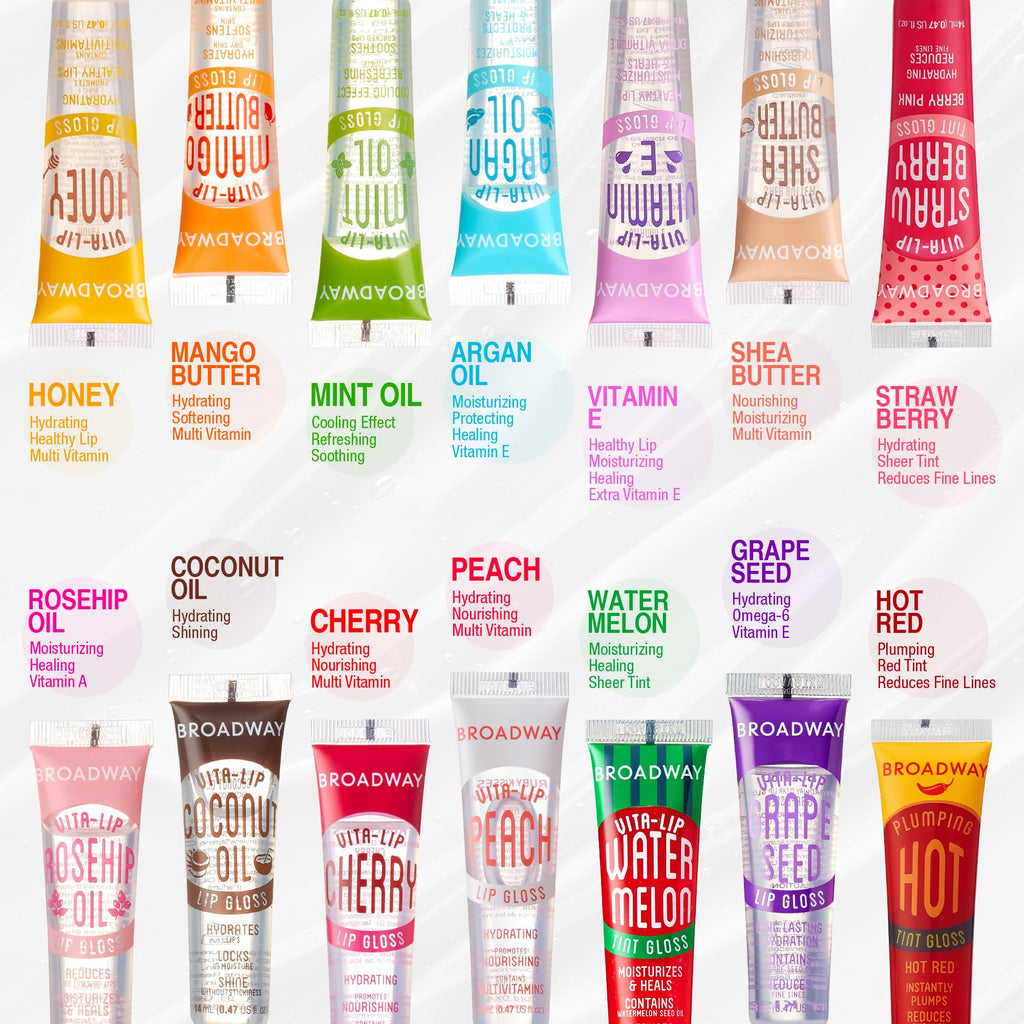 Ruby Kisses Broadway Vita-Lip Clear Lip Gloss (8 Pack), Ultra-Hydrating & Soothing Formula with Vitamins, High-Shine Non-Sticky Finish Lip Balm with Mint, Rosehip, Coconut, Mango, Argan, Honey, Shea