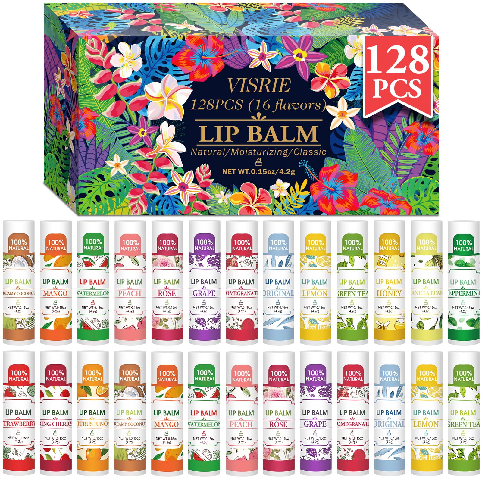 32 Pack Lip Balm, Natural Lip Balm Bulk with Vitamin E and Coconut Oil, Moisturizing Lip Balms for Dry Lips-16 Flavors