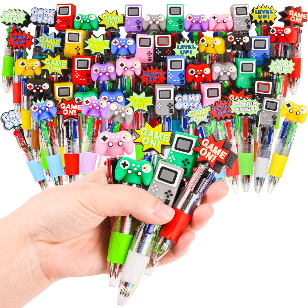 LiYiQ 50 Pcs Video Game Multicolor Pen in One Cartoon Cute Fun 4-in-1 Cute Pens Bulk Kawaii Game Handle Level Up Games Console Shape Cool Ballpoint Pens for Kids Fun Gifts