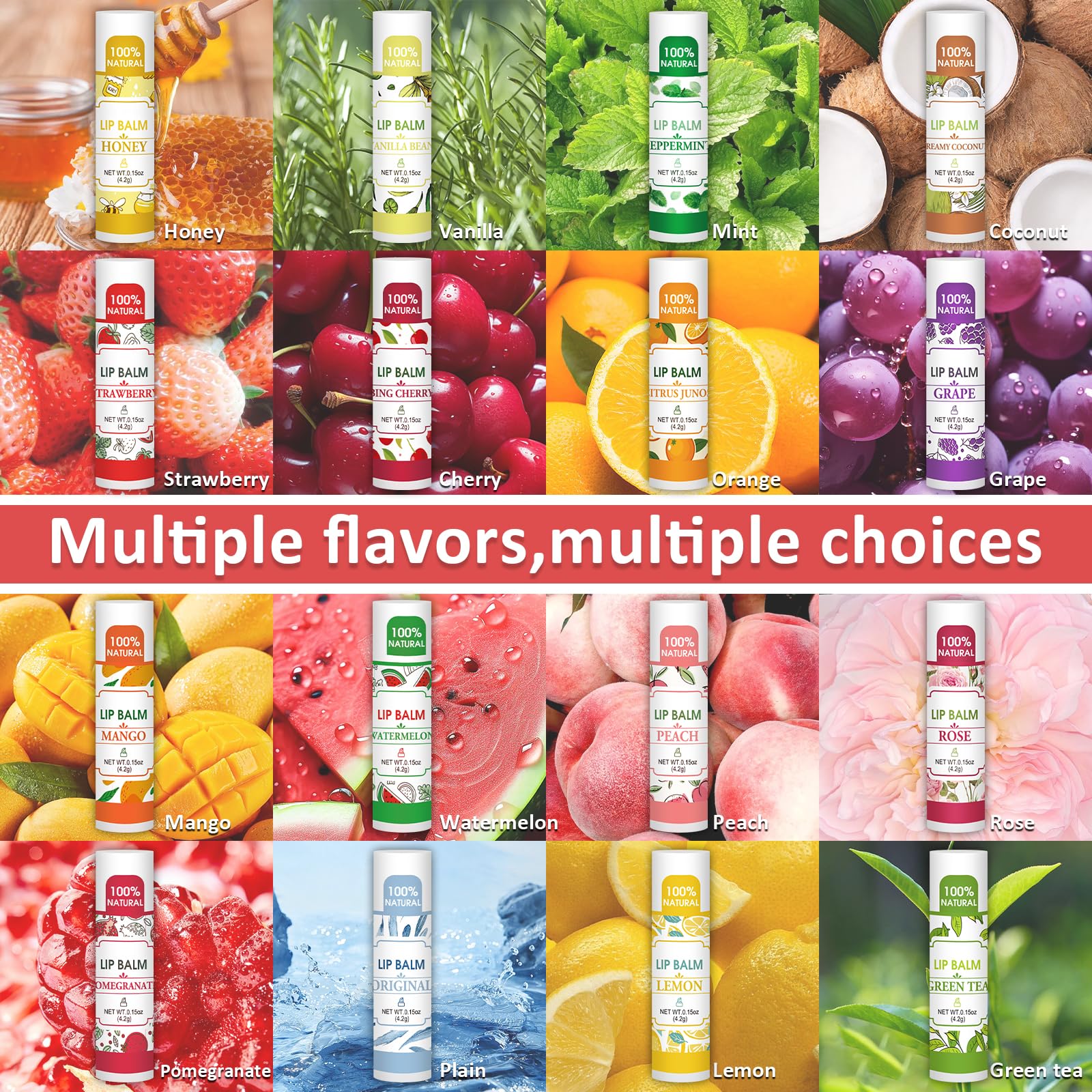 32 Pack Lip Balm, Natural Lip Balm Bulk with Vitamin E and Coconut Oil, Moisturizing Lip Balms for Dry Lips-16 Flavors