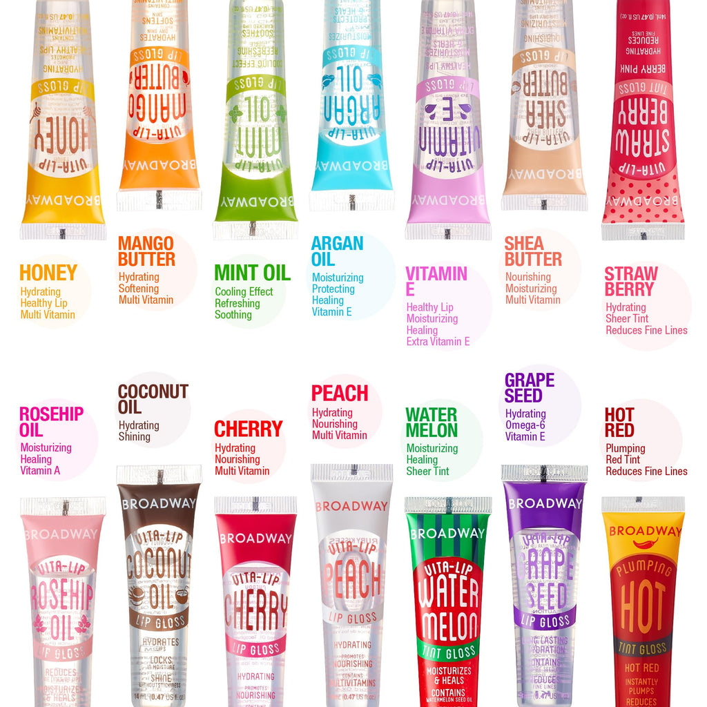 Ruby Kisses Broadway Vita-Lip Clear Lip Gloss (8 Pack), Ultra-Hydrating & Soothing Formula with Vitamins, High-Shine Non-Sticky Finish Lip Balm with Mint, Rosehip, Coconut, Mango, Argan, Honey, Shea