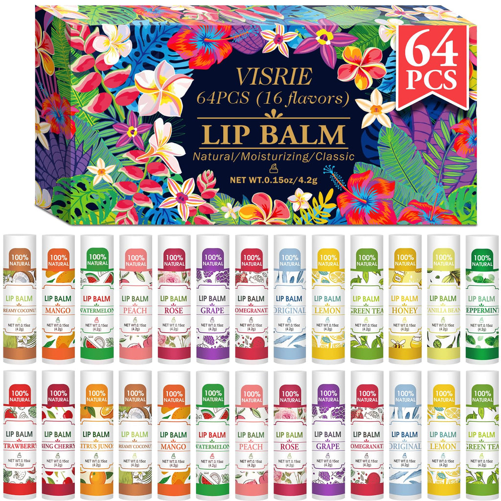 32 Pack Lip Balm, Natural Lip Balm Bulk with Vitamin E and Coconut Oil, Moisturizing Lip Balms for Dry Lips-16 Flavors