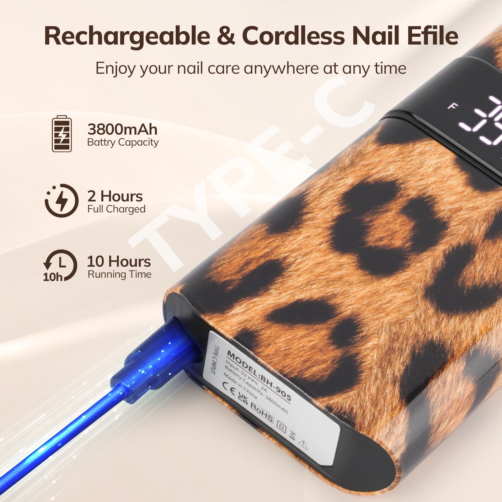 Wand™ Nail Drill - Leopard Print - 35,000 RPM Rechargeable