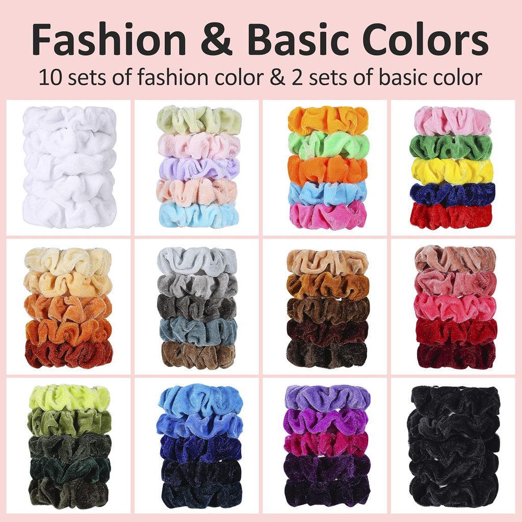 Velvet Scrunchies for  Women, Girls & Kids 60 Bulk Pack, Soft Hair Scrunchie Hair Ties Scrunchy for Thick, Curly, Medium, Thin, Fine Hair, No Damage & Non Slip, Colorful Hair Accessories